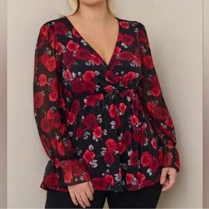 Torrid Floral V-Neck Chiffon Blouse - Red and Black - size 1 (14/16)